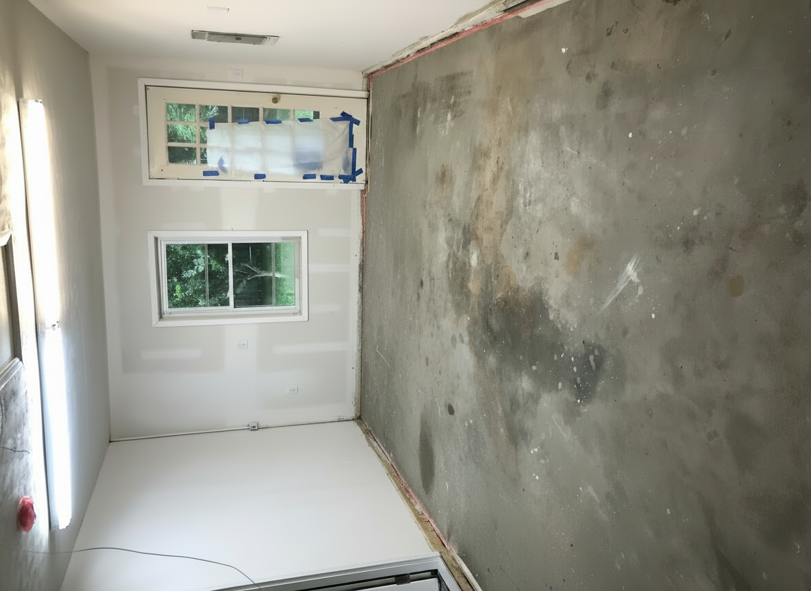 Empty room under renovation with unfinished concrete floor and white walls, seen from a doorway.