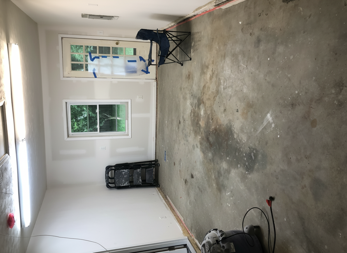 Empty garage interior with unfinished concrete floor, white walls, and windows at one end.