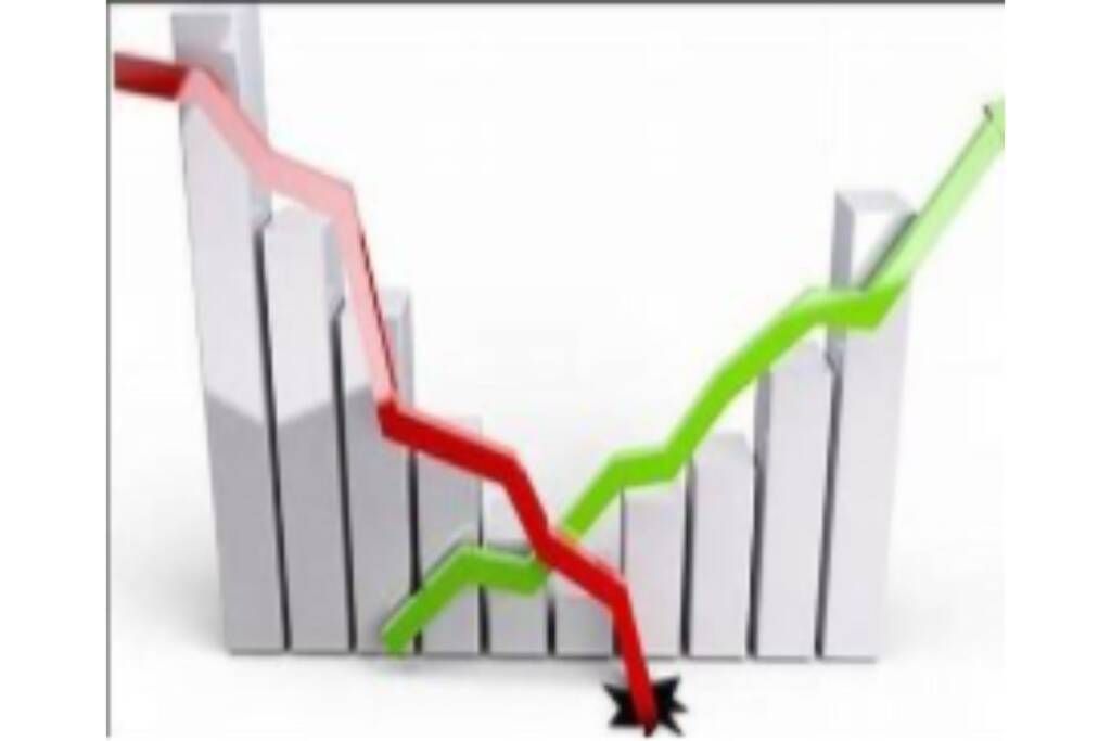 Green upward and red downward trend lines over gray bar chart, with a red arrow dropping sharply at the end
