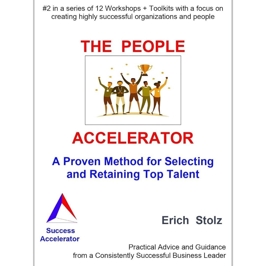 Book cover titled “The People Accelerator” with a group of people celebrating and subtitle on talent selection and retention