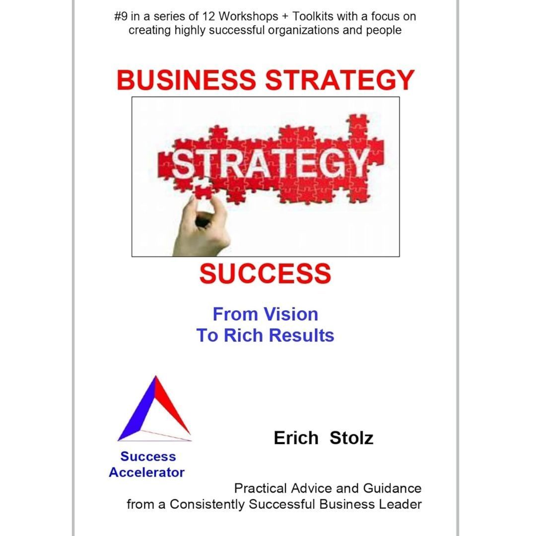 Book cover titled “Business Strategy Success” with red “STRATEGY” graphic and subtitle “From Vision To Rich Results”