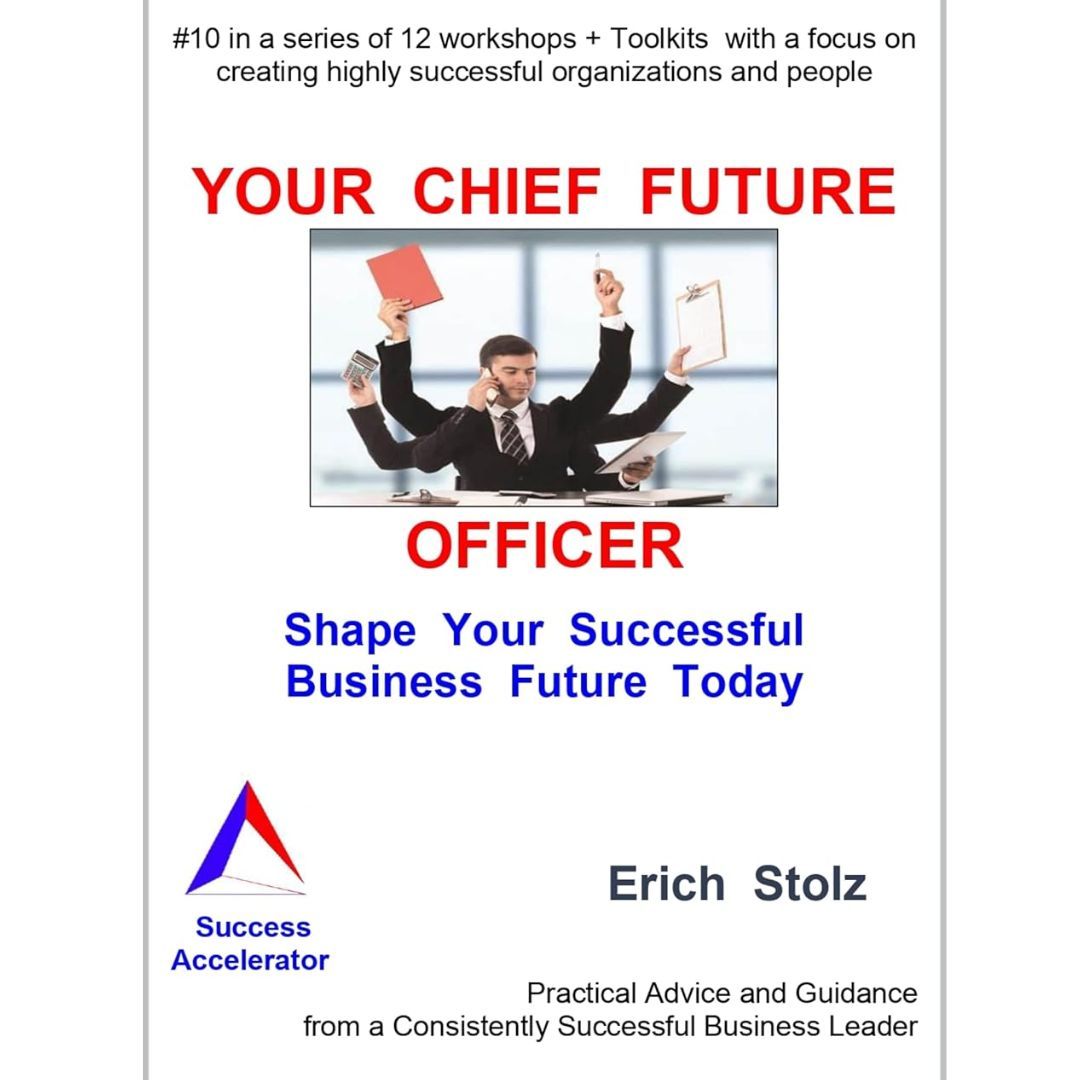 Book cover titled “Your Chief Future Officer” with a businessman juggling work papers on a laptop.