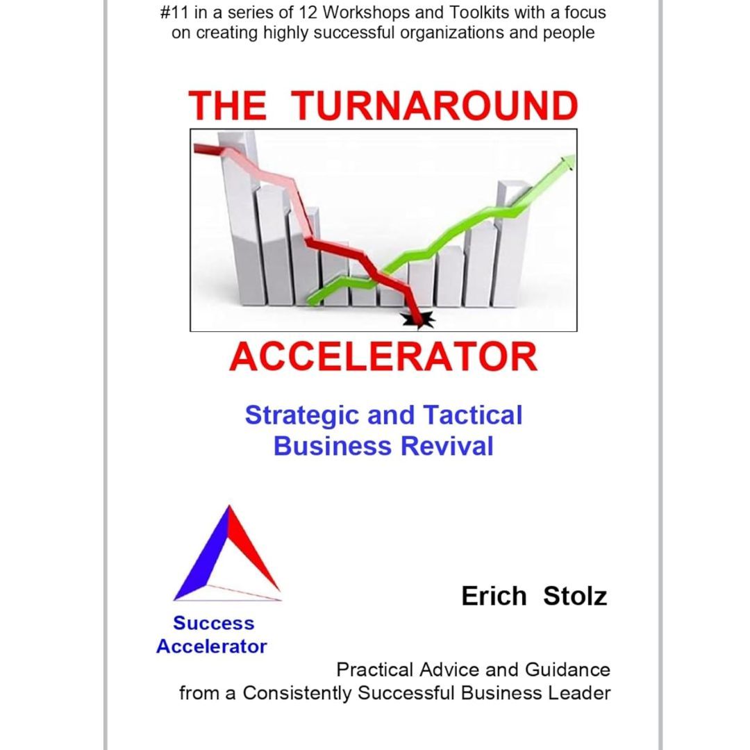 Book cover for “The Turnaround Accelerator” with a red descending line and green rising graph on white background