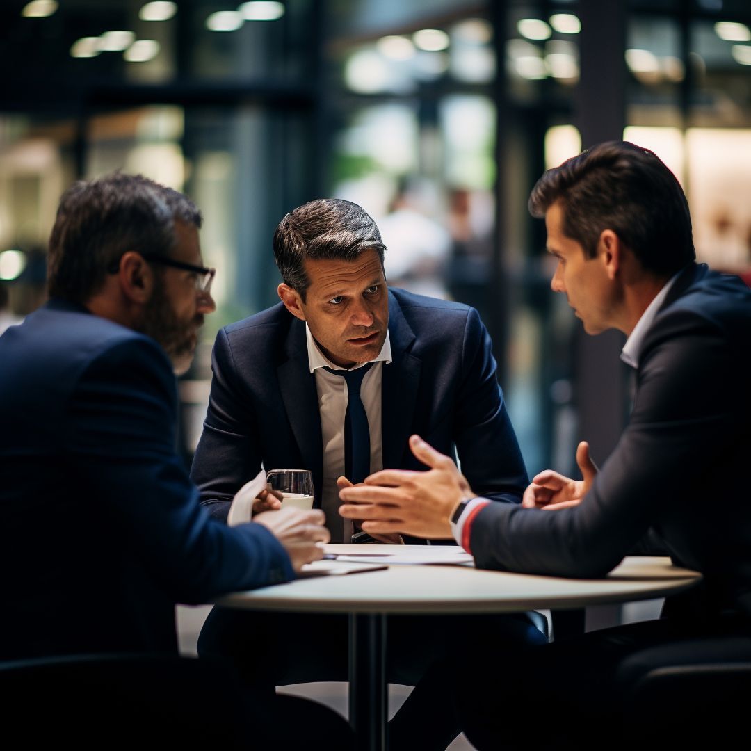 Three businesspeople in suits discussing at a round table in a dim office lounge