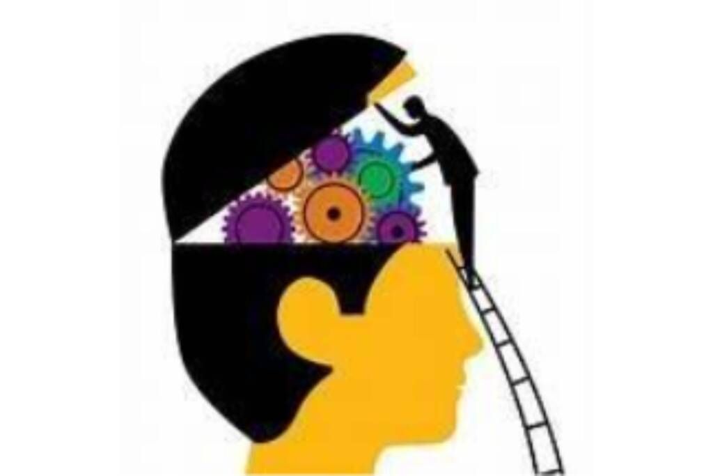 Silhouette of a head with gears and a ladder, symbolizing thoughts, ideas, and problem-solving