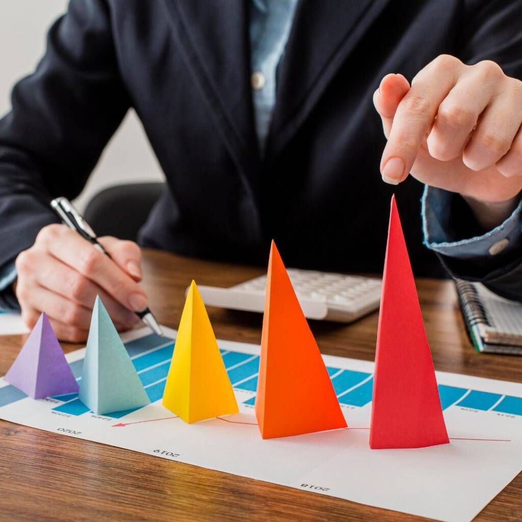 Businessperson placing colorful paper pyramids on a chart during a meeting
