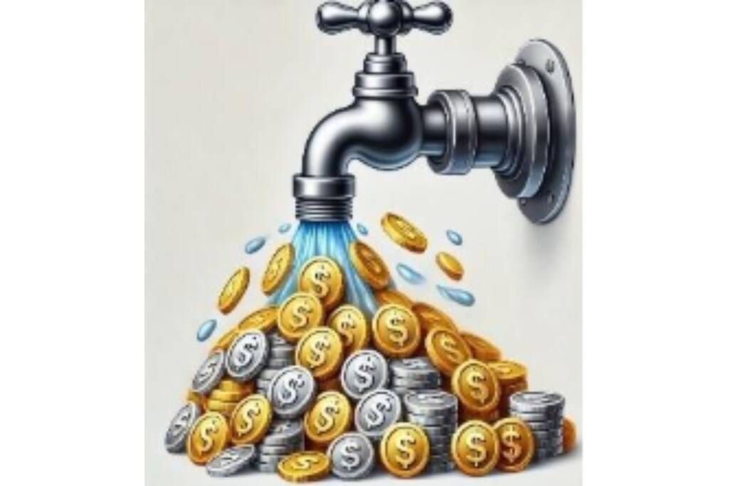 A faucet pouring blue water onto a pile of gold and silver coins, symbolizing money flowing away