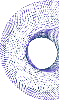 Purple spiral pattern of small arrows circling a white oval center on a white background
