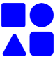 Blue rounded square, circle, triangle, and square icons arranged in a 2x2 grid on white background