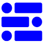 Blue geometric layout with three rounded rectangles and two circles on a white background