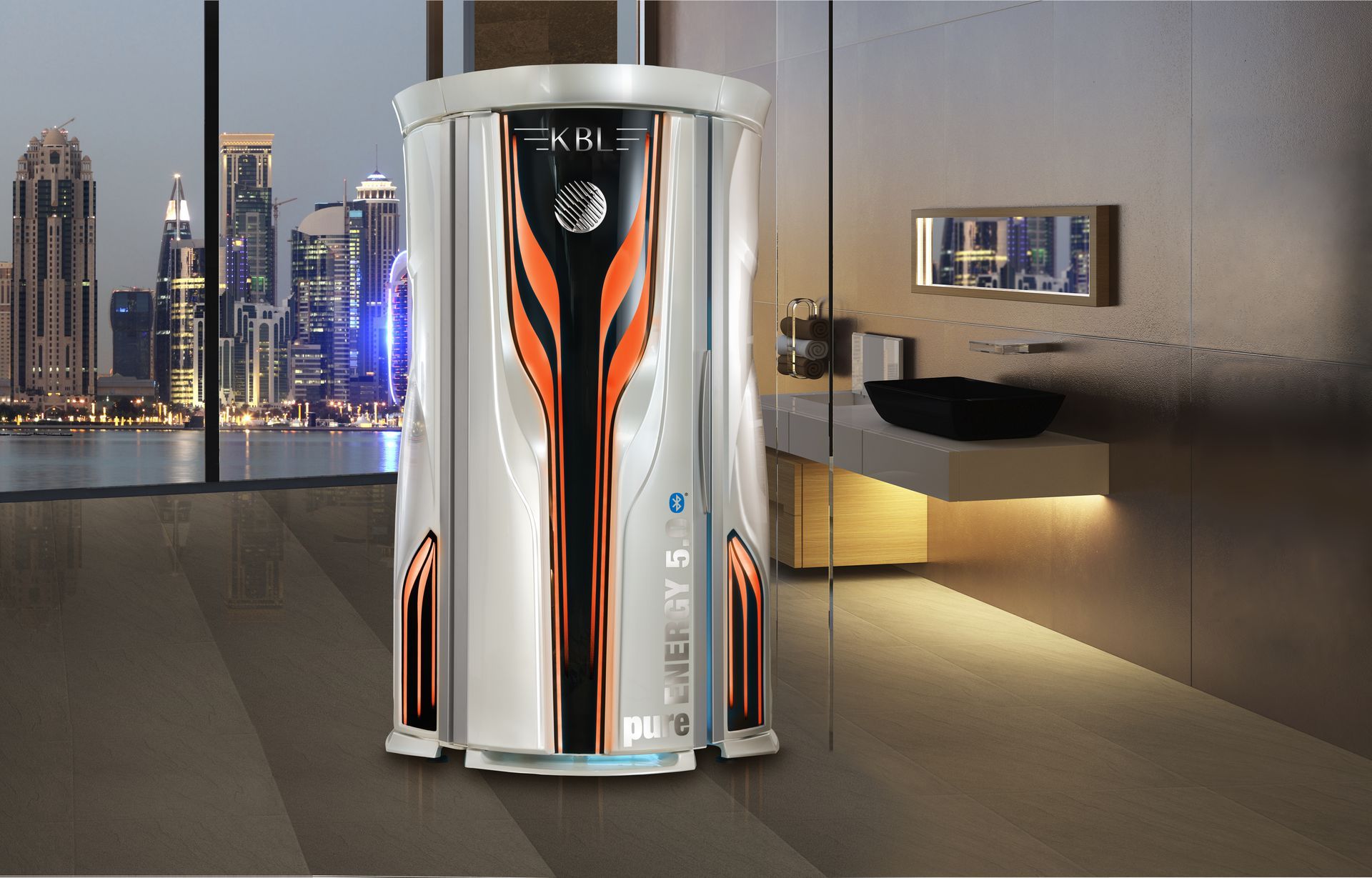 Tanning booth in a modern bathroom with city skyline in the background. Orange and black accents.