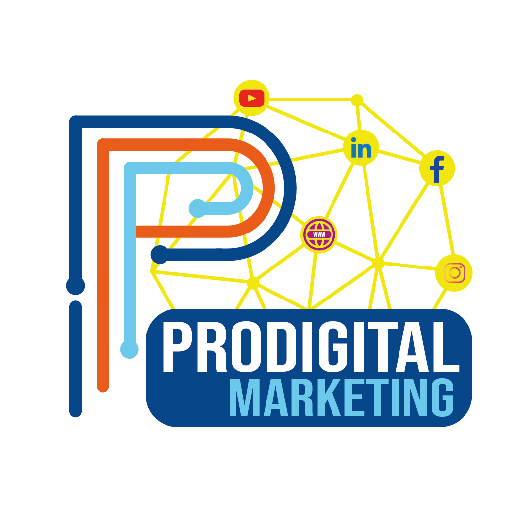 A logo for prodigital marketing shows a letter p surrounded by social media icons.