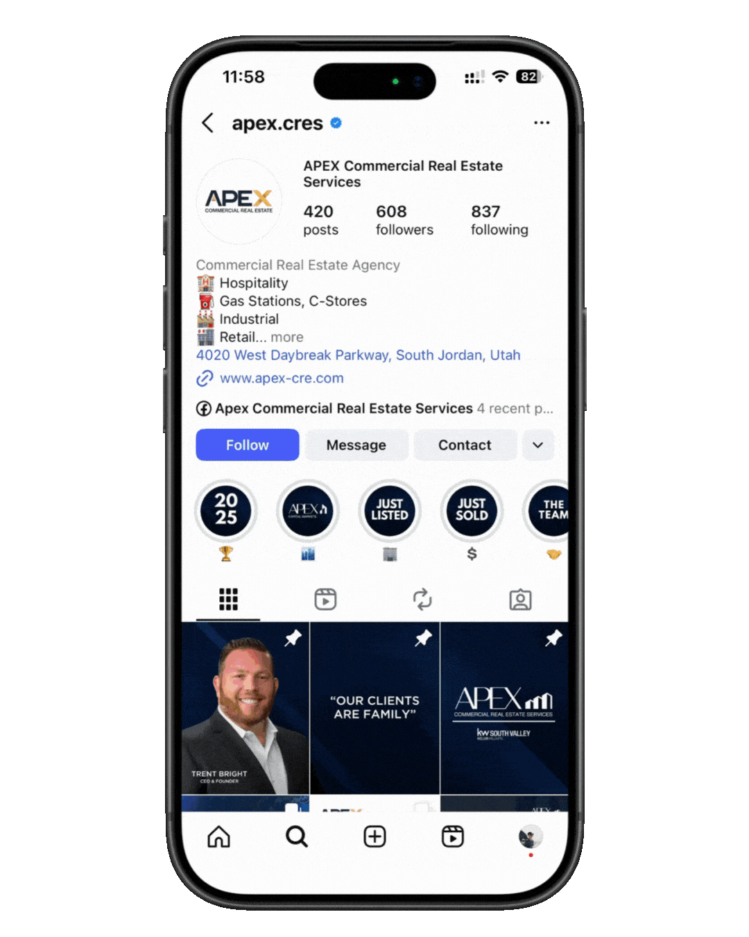 Smartphone screen displaying the APEX Commercial Real Estate Instagram profile.