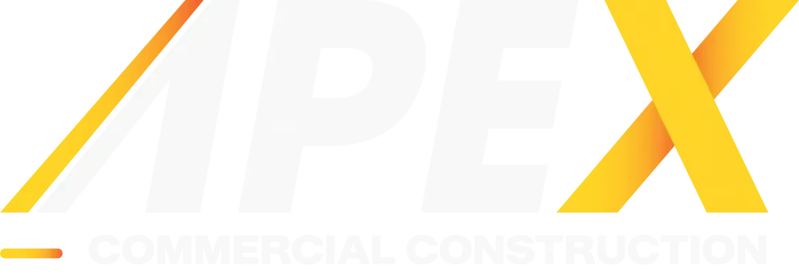Logo of APEX Commercial Construction, white text with orange accent lines.