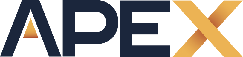 APEX logo with dark blue letters and an orange triangle inside the A, the X is orange and white.