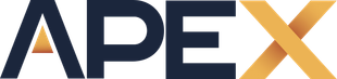 APEX logo with dark blue letters and an orange triangle inside the A, the X is orange and white.