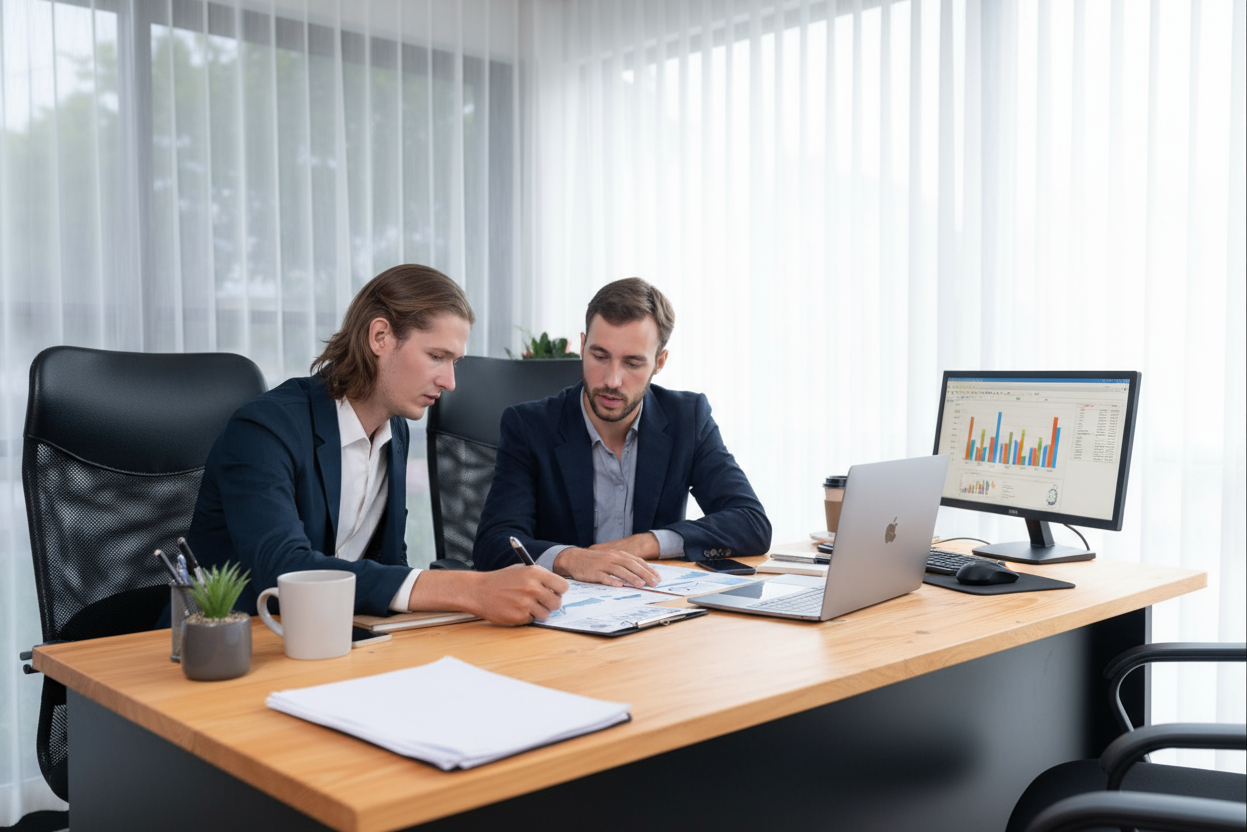 Two men in suits reviewing documents at a desk in an office with a computer and charts.
