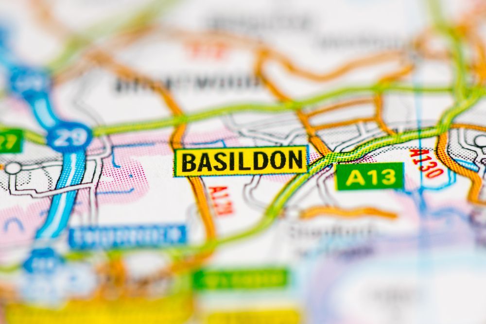 A close up of a map showing the location of basildon.