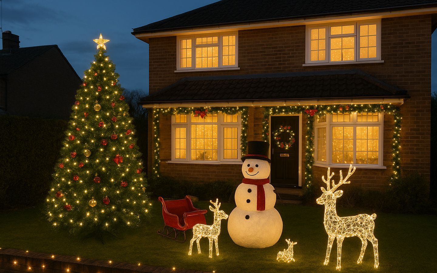 House with Christmas lights, tree, snowman, and reindeer decorations at night.