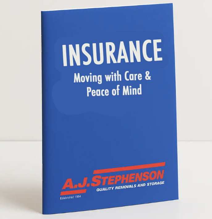 Blue insurance brochure reading “INSURANCE” and “Moving with Care & Peace of Mind” with Aj Stephensson logo at the bottom