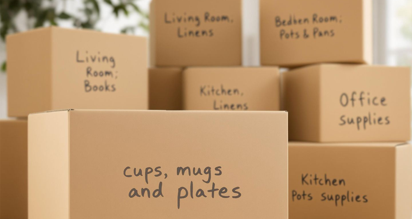Cardboard moving boxes, labeled with contents like