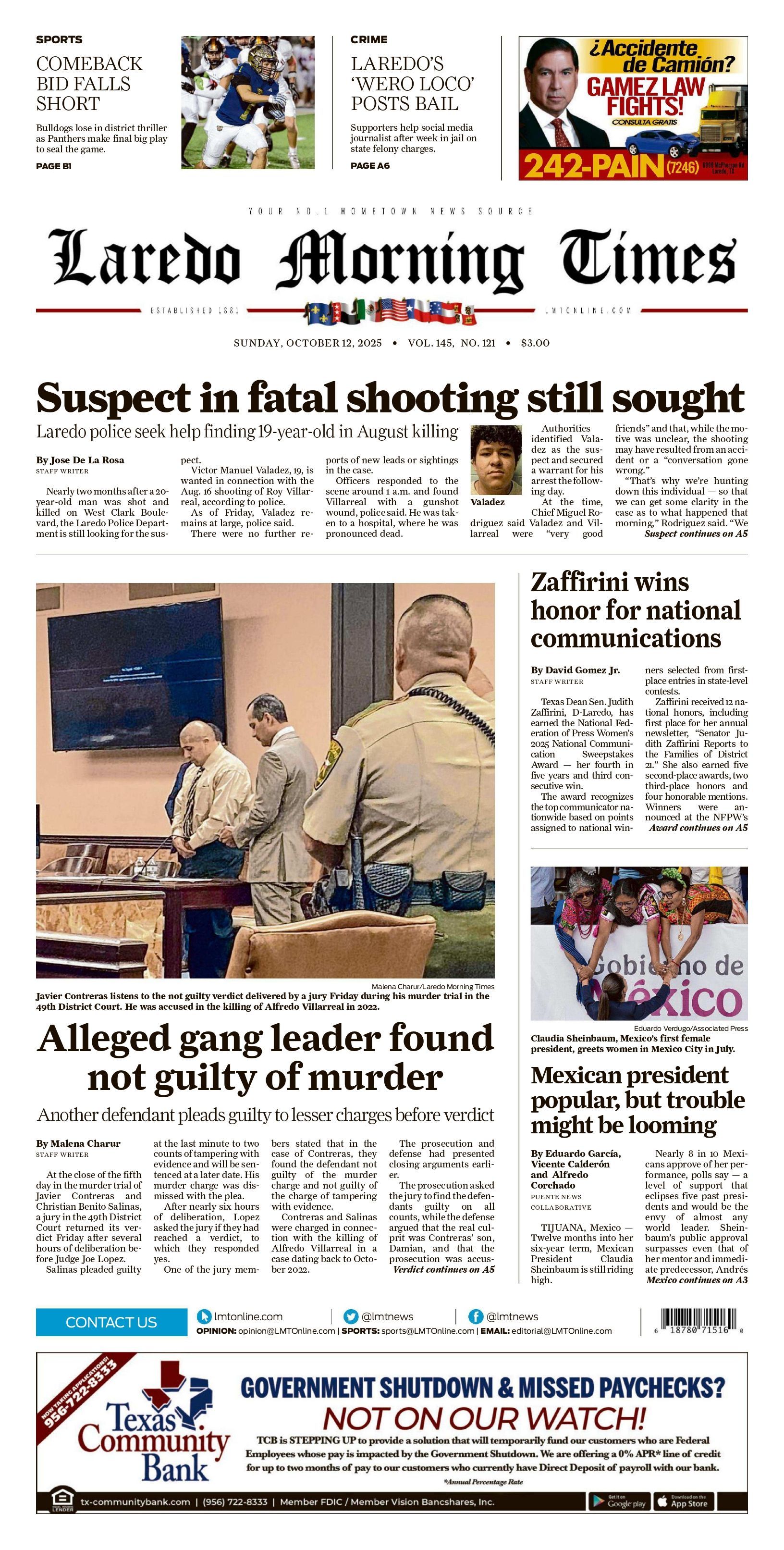 Laredo Morning Times front page: Headlines about a shooting and a not guilty verdict in a courtroom.