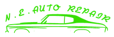 Green car logo with the text &ldquo;N.E. Auto Repair&rdquo;