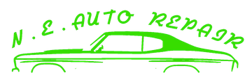 Green car logo with the text &ldquo;N.E. Auto Repair&rdquo;