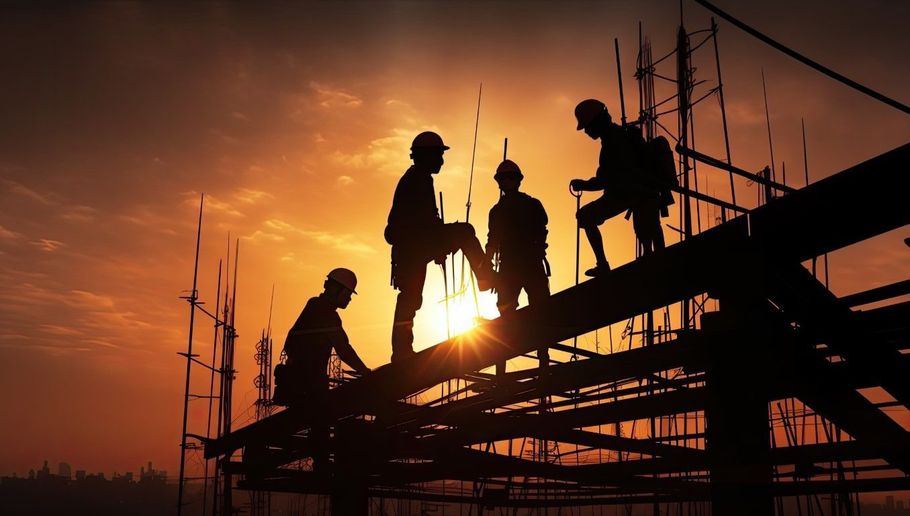 Silhouetted construction workers on scaffolding at sunset, with scaffolding poles against an orange sky.