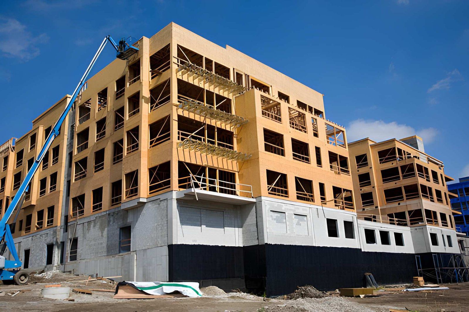 Partially constructed multi-story building with exposed wood framing and blue construction equipment under a clear sky