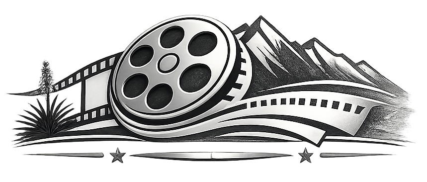Black-and-white film reel with strip of film, mountains, stars, and trees