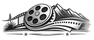 Black-and-white film reel with strip of film, mountains, stars, and trees