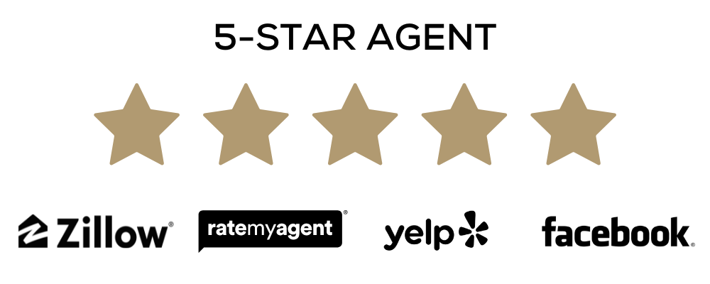 A picture of a 5 star agent with logos for zillow , yelp , facebook , and ratemyagent.