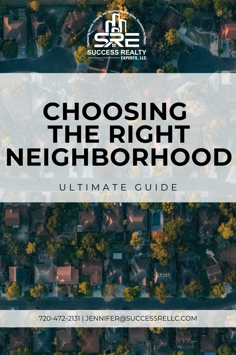 An aerial view of a residential area with houses and trees.