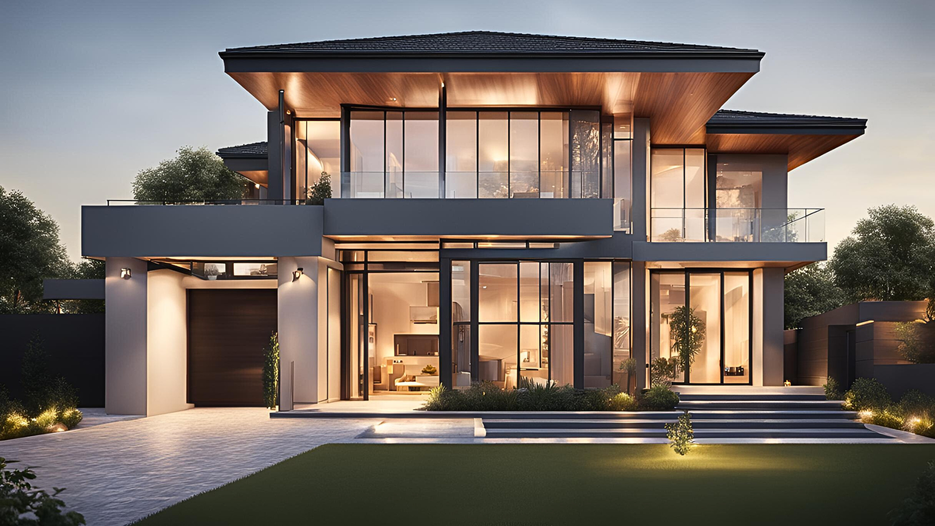 A modern house with a lot of windows and stairs