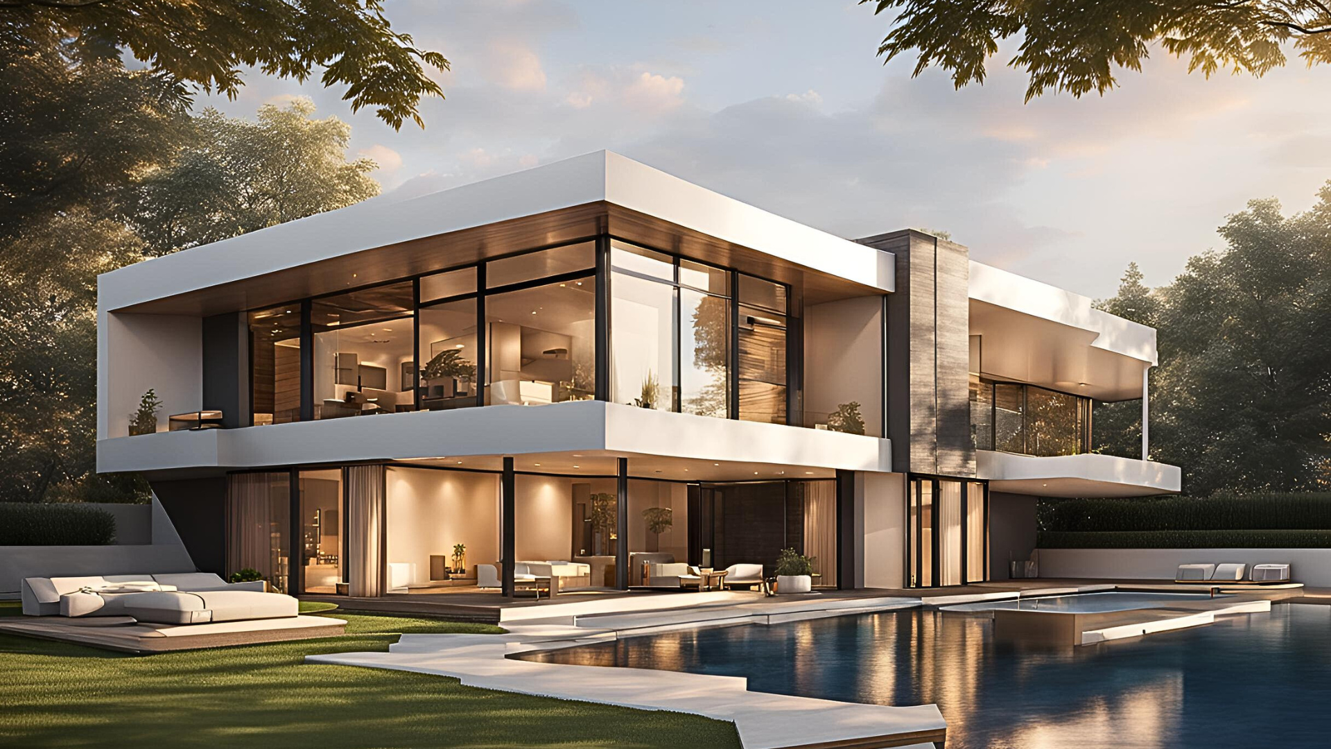 A large modern house with a swimming pool in front of it.