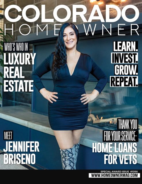 Colorado Homeowner magazine cover with a woman in a navy dress and knee-high boots, headline: “Learn! Invest! Grow. Repeat!”