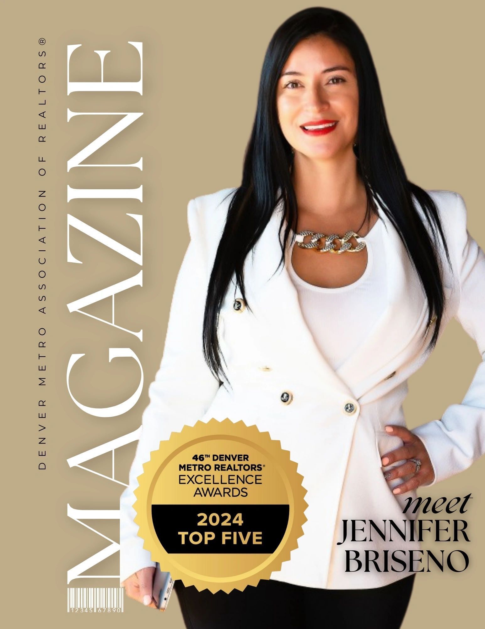 Magazine cover featuring a woman in a white blazer, with gold award badge and text “Meet Jennifer Breseno”