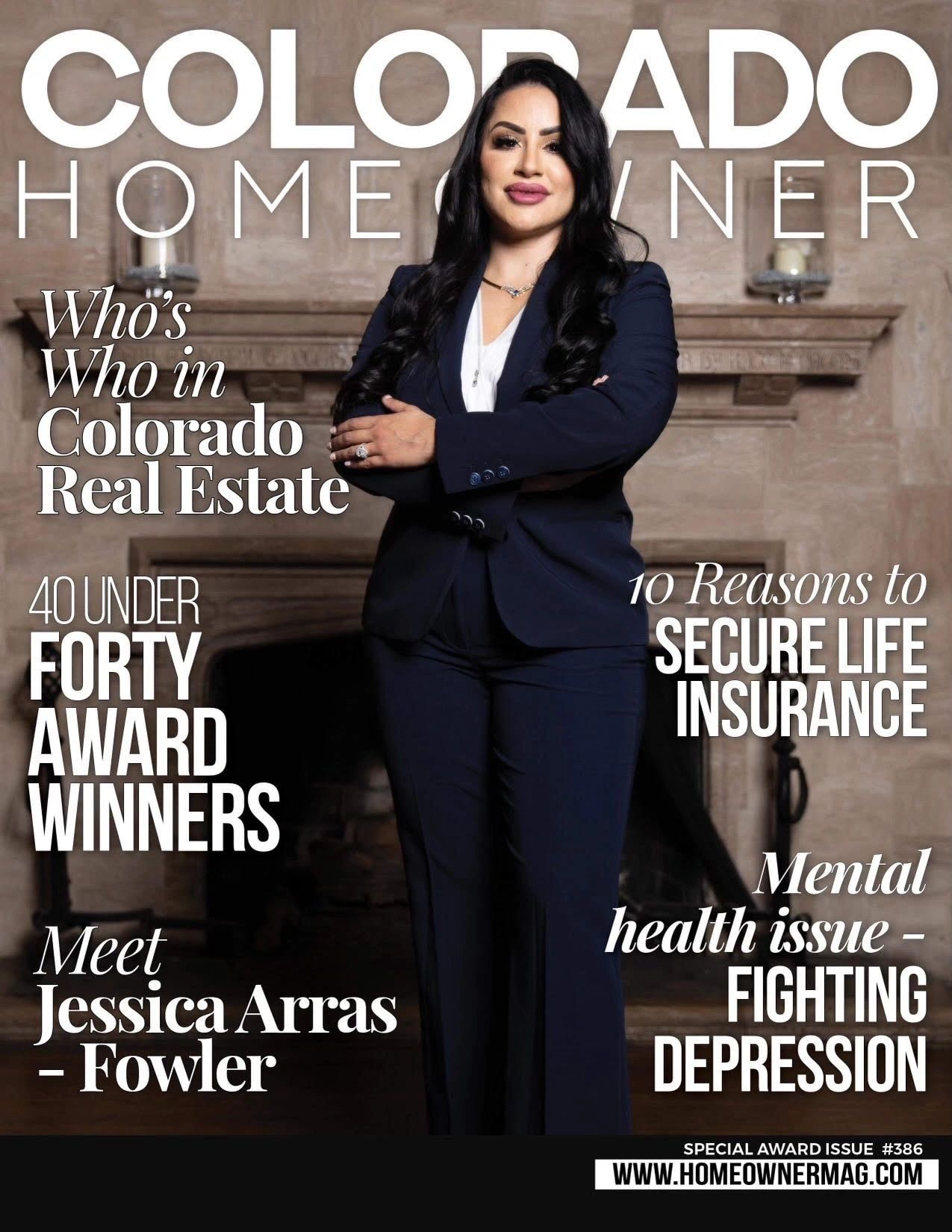 Colorado Homeowner magazine cover featuring a woman in a navy suit with cover headlines