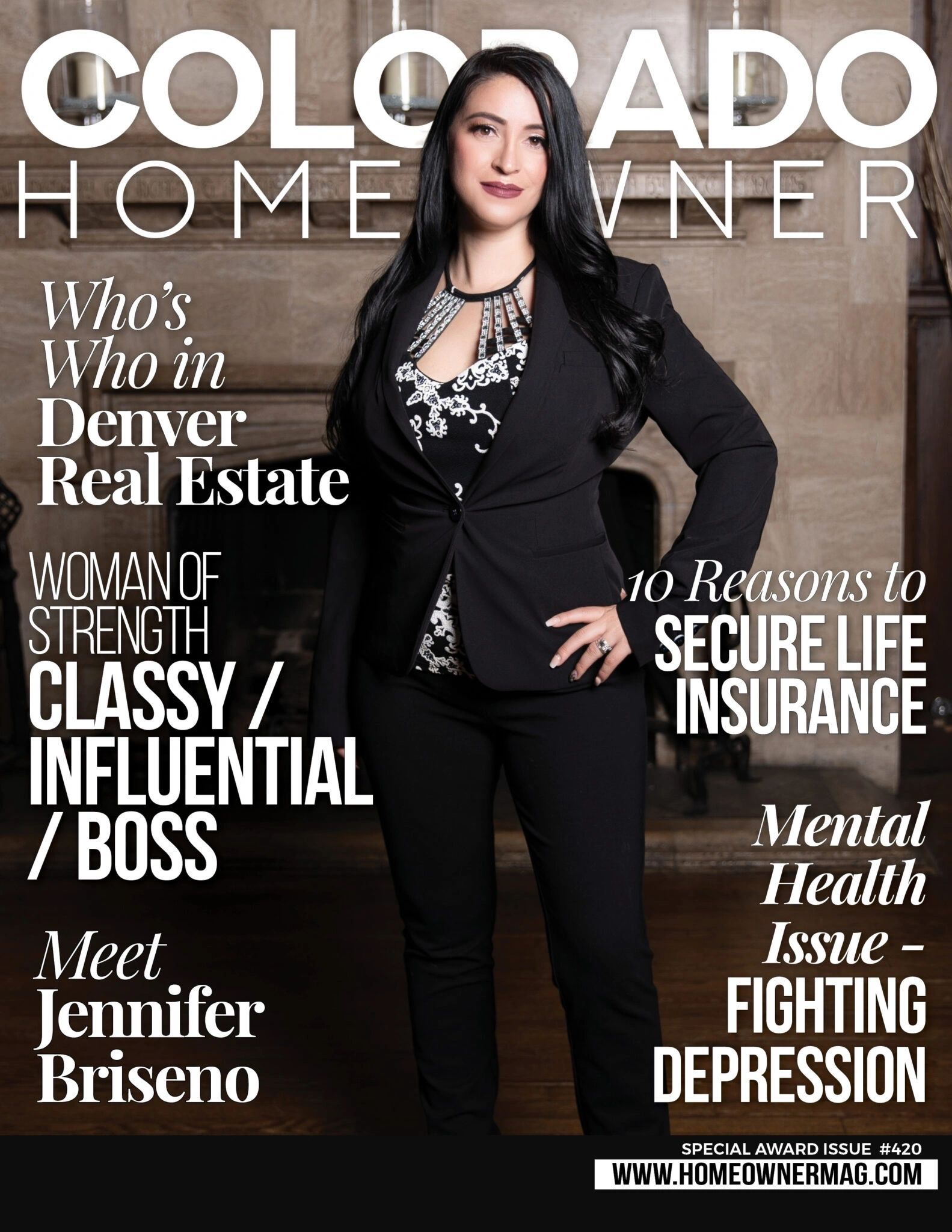 Colorado Homeowner magazine cover featuring a woman in a black dress against a dark background