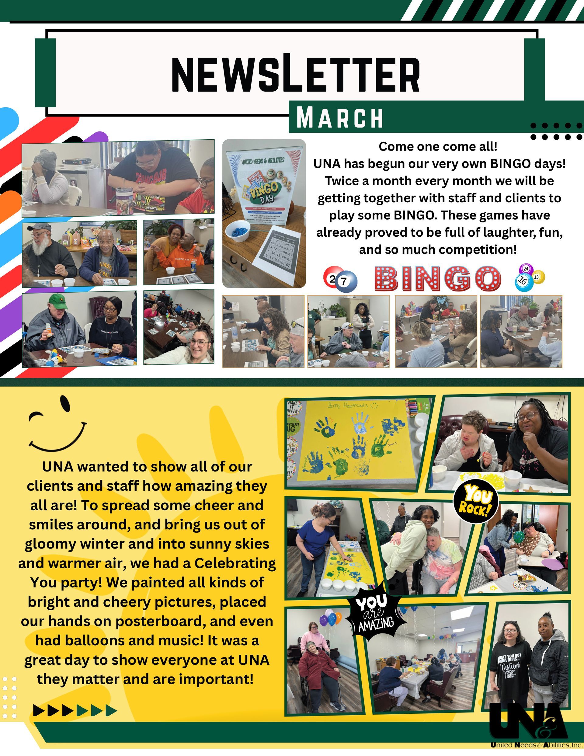 Newsletter-style graphic titled ‘March 2026 UNA Newsletter’ with multiple panels.