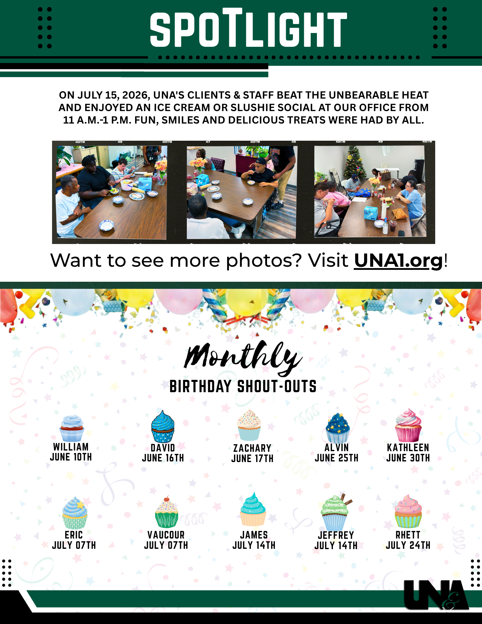 Newsletter-style graphic titled ‘June/July 2026 UNA Newsletter’ Page Two