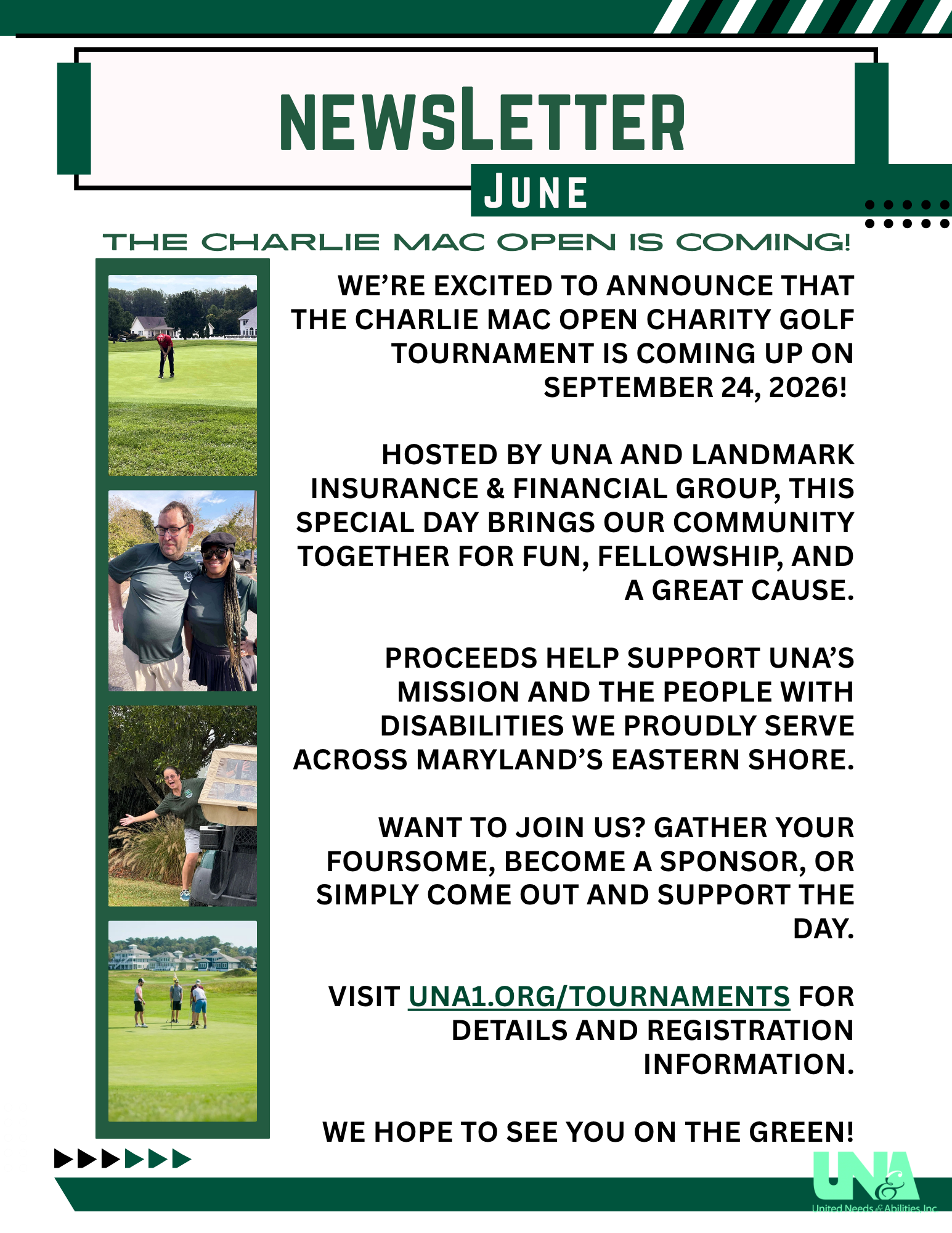 Newsletter-style graphic titled ‘June 2026 UNA Newsletter’ with multiple panels.