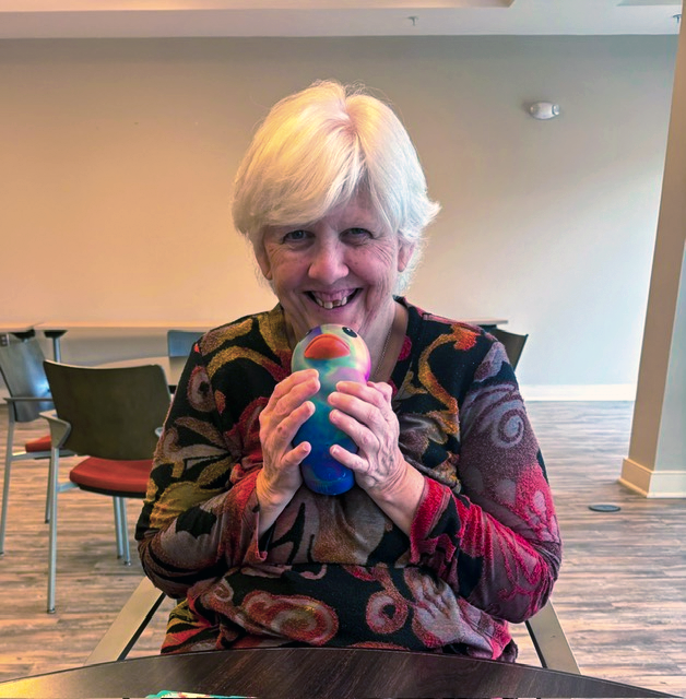 Kathleen enjoying her new squishy toy (2026)