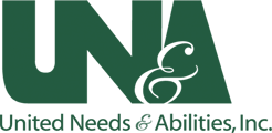 United Needs & Abilities' logo featuring acronym UNA and reads United and Abilities beneath it.