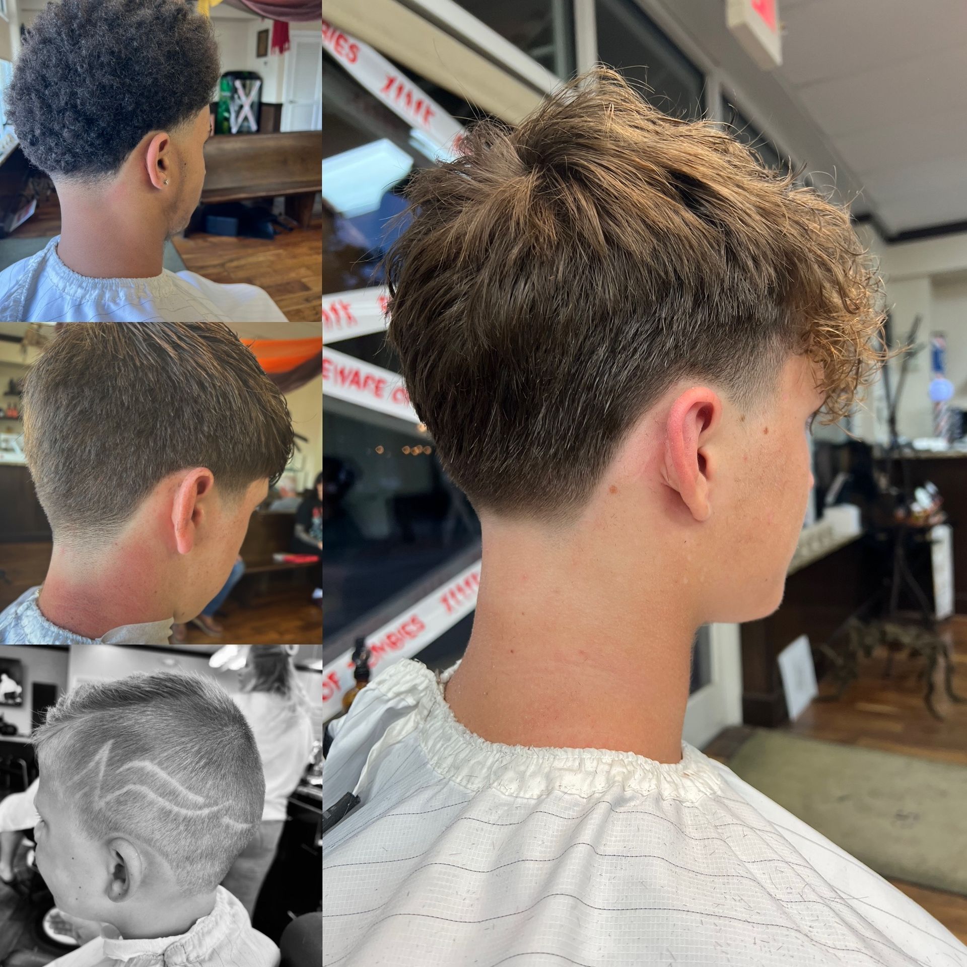 Compilation of men's haircuts: a fade with textured top; other styles shown include low fades and a patterned design.