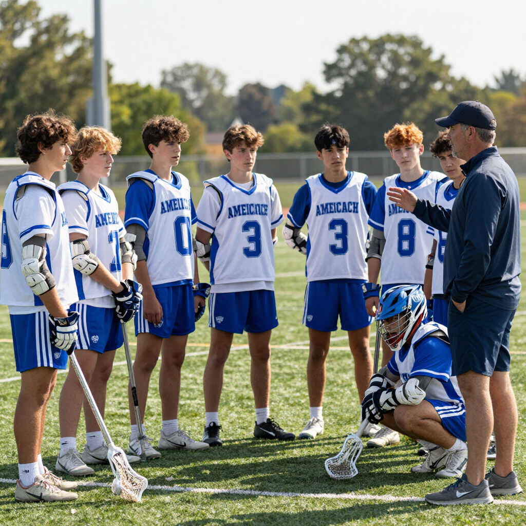 Lacrosse coach briefing six players in white and blue uniforms on a sunny field