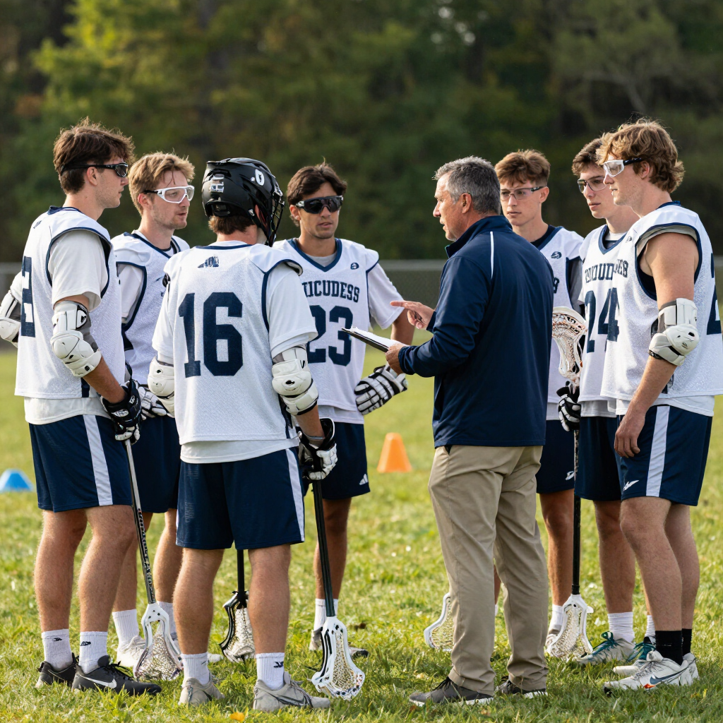 Lacrosse team huddles around coach on a grassy field, wearing white jerseys and navy shorts.