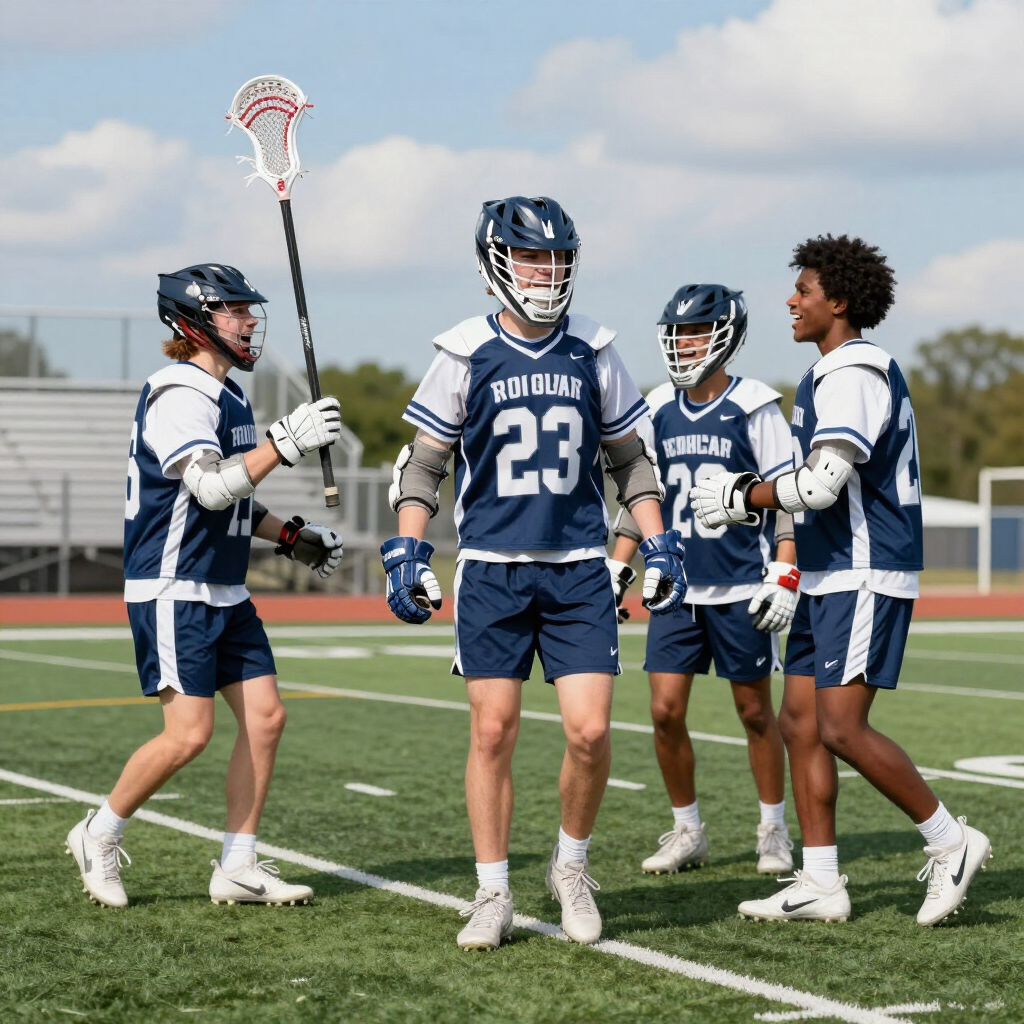 Four lacrosse players in blue uniforms stand on a field, holding sticks in a huddle.