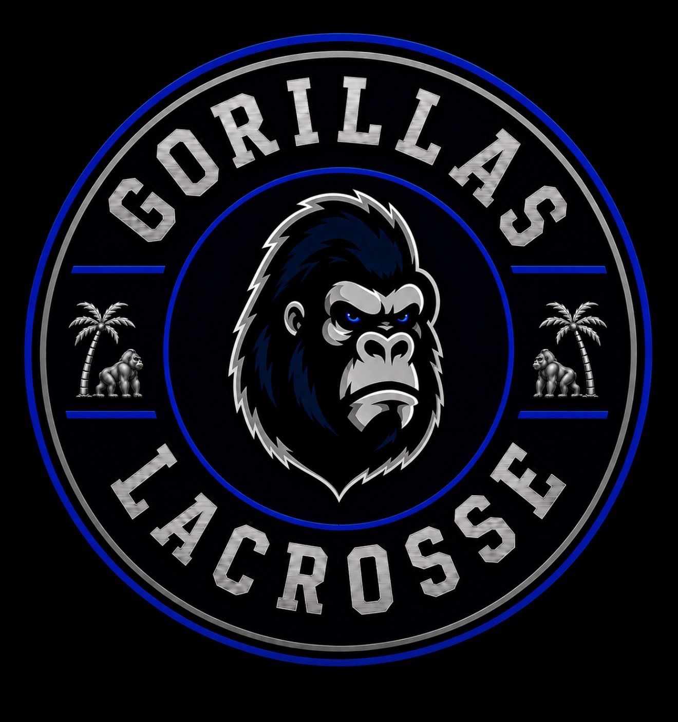Gorillas Lacrosse circular logo with a gorilla head in black, white, and blue, flanked by palm trees